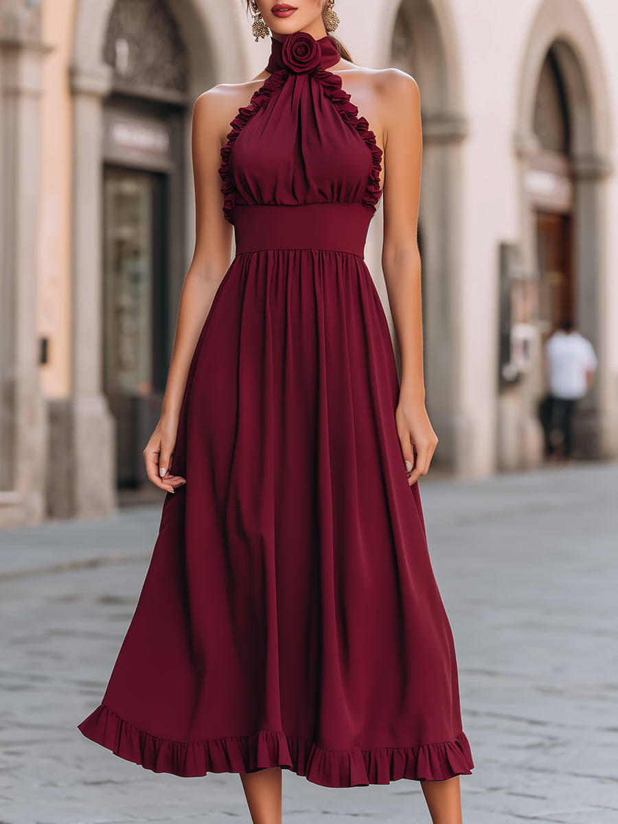 Women's Halter Ruffle Midi Dress Rosette Detail Fitted Waist A-Line