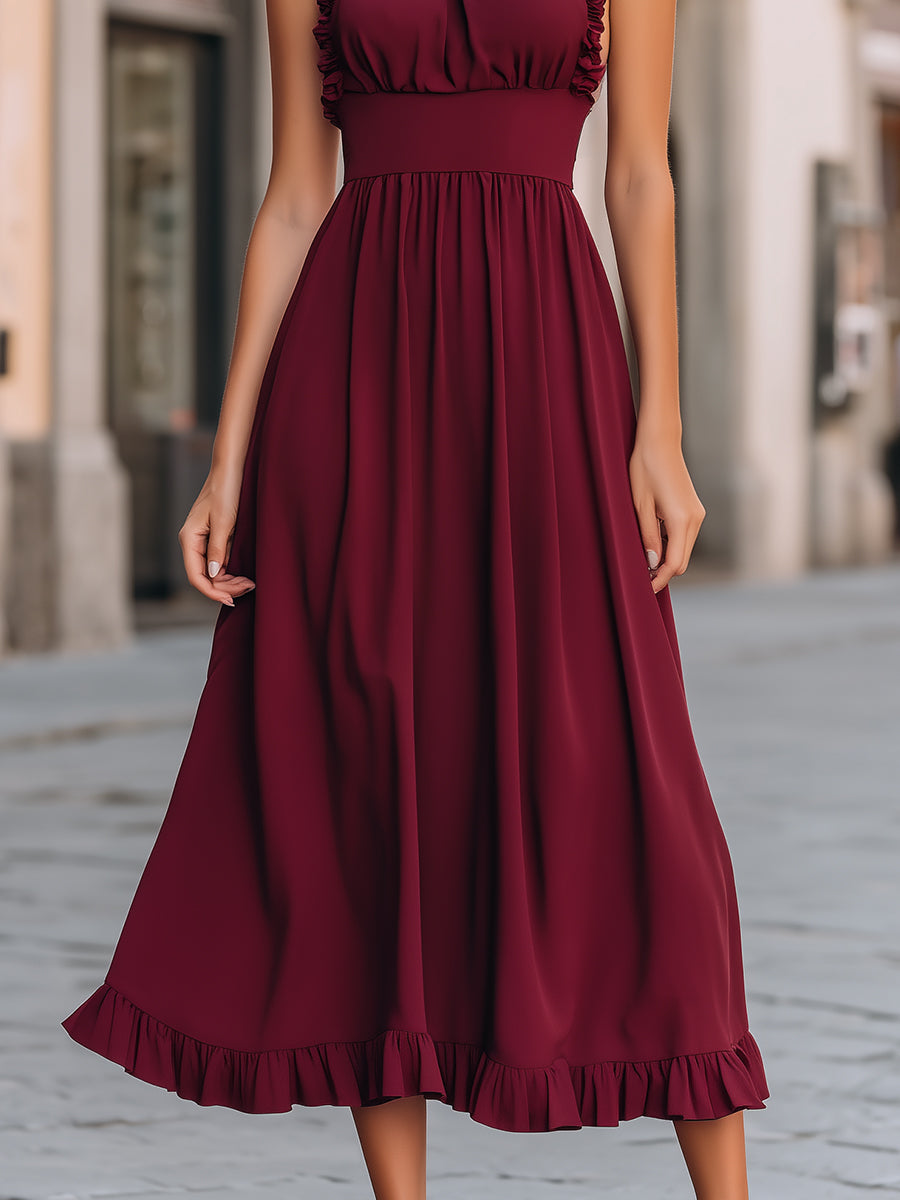 Women's Halter Ruffle Midi Dress Rosette Detail Fitted Waist A-Line