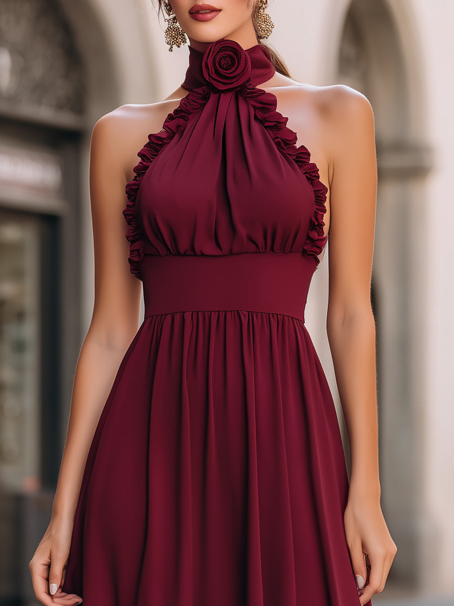 Women's Halter Ruffle Midi Dress Rosette Detail Fitted Waist A-Line