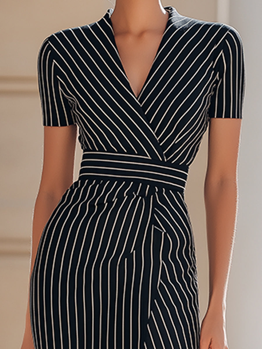 Women's Black Pinstripe Wrap Maxi Dress V-Neck Short Sleeve Tailored