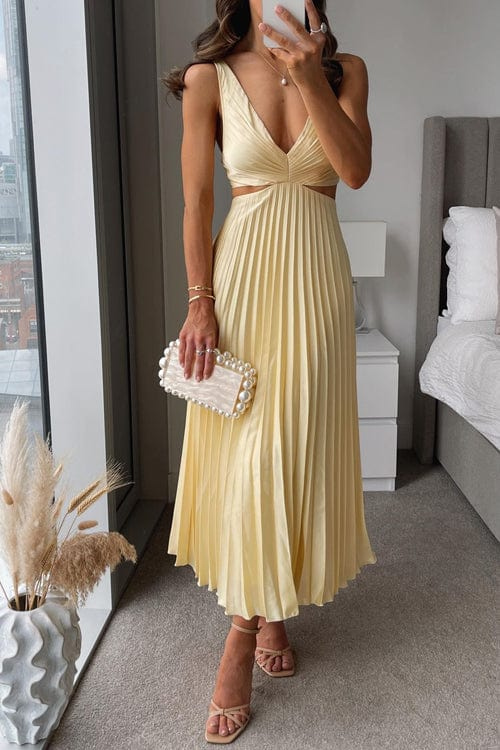 Women's Pleated Satin Midi Evening Dress Elegant Formal Style
