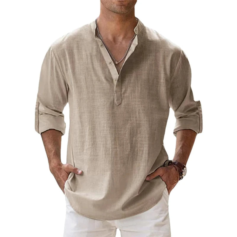 Men's Relaxed Fit Linen Henley Shirt for Summer Wear