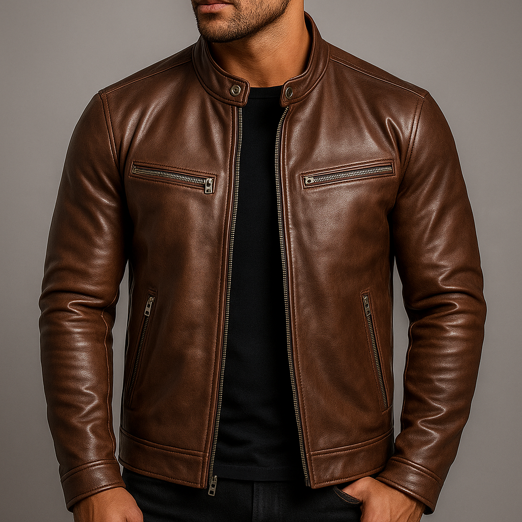 Men's Vintage Leather Jacket Genuine Cotton Lined Classic Zippered