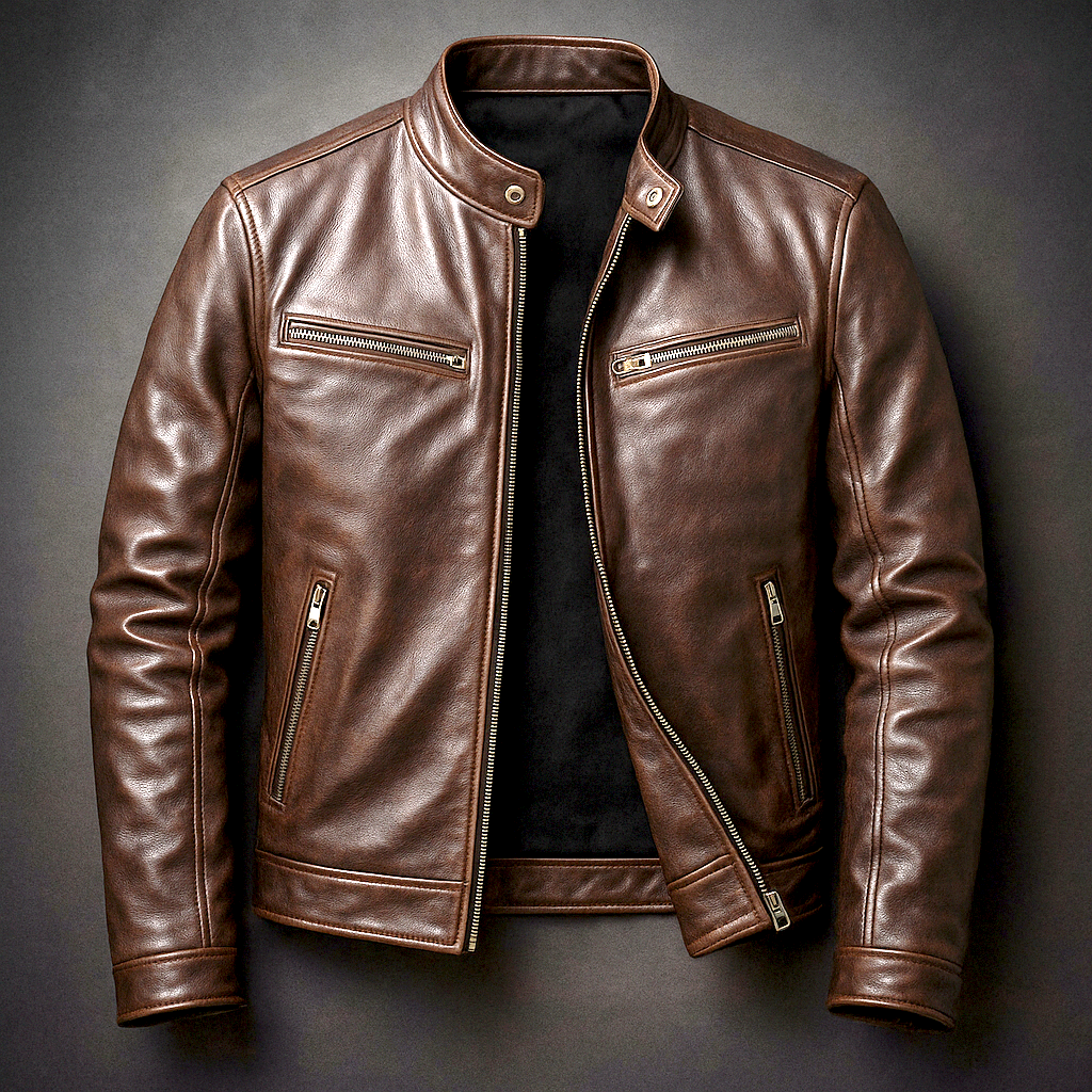 Men's Vintage Leather Jacket Genuine Cotton Lined Classic Zippered