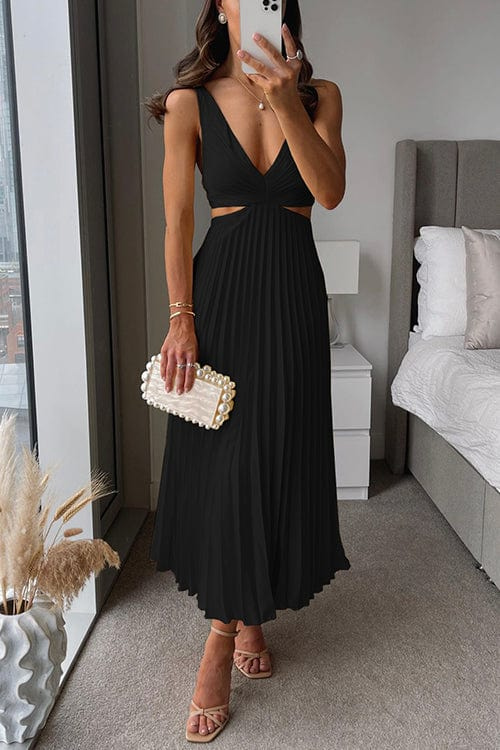 Women's Pleated Satin Midi Evening Dress Elegant Formal Style