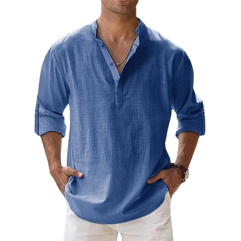 Men's Relaxed Fit Linen Henley Shirt for Summer Wear