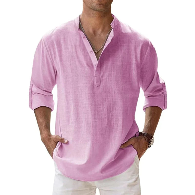 Men's Relaxed Fit Linen Henley Shirt for Summer Wear