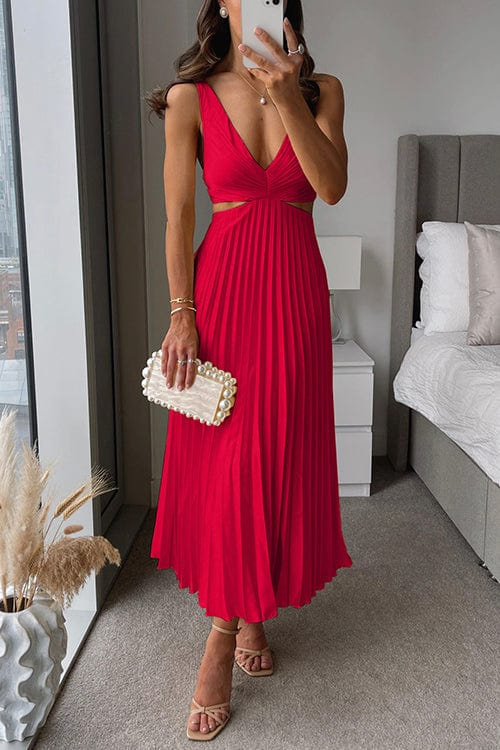 Women's Pleated Satin Midi Evening Dress Elegant Formal Style