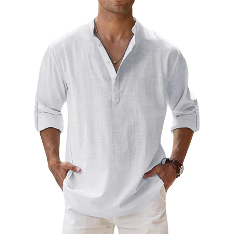 Men's Relaxed Fit Linen Henley Shirt for Summer Wear