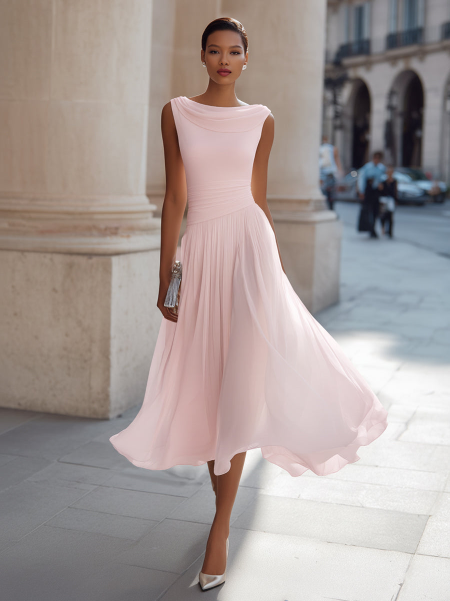 Women's Sleeveless Pleated Midi Dress Draped Neckline Contoured Waist Fluid