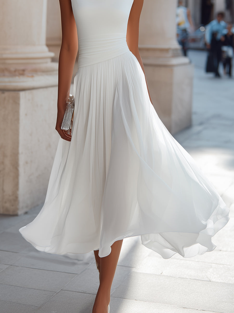 Women's Sleeveless Pleated Midi Dress Draped Neckline Contoured Waist Fluid