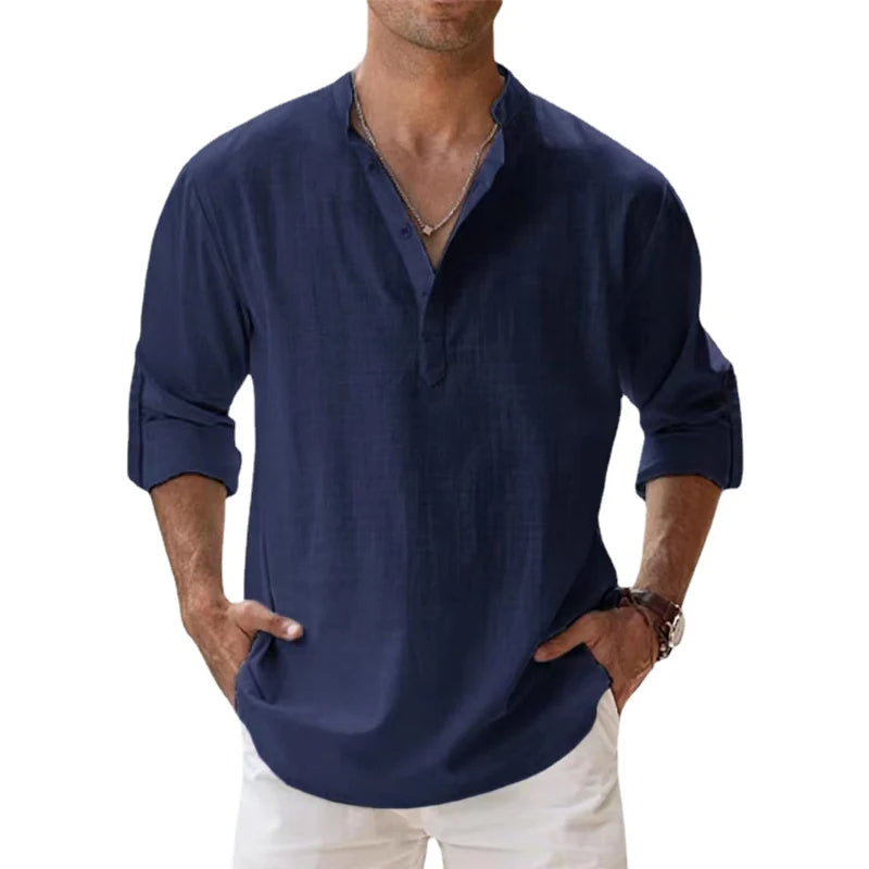 Men's Relaxed Fit Linen Henley Shirt for Summer Wear