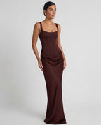 Women's Pleated Maxi Dress Off-Shoulder Cinched Waist Sling Dress