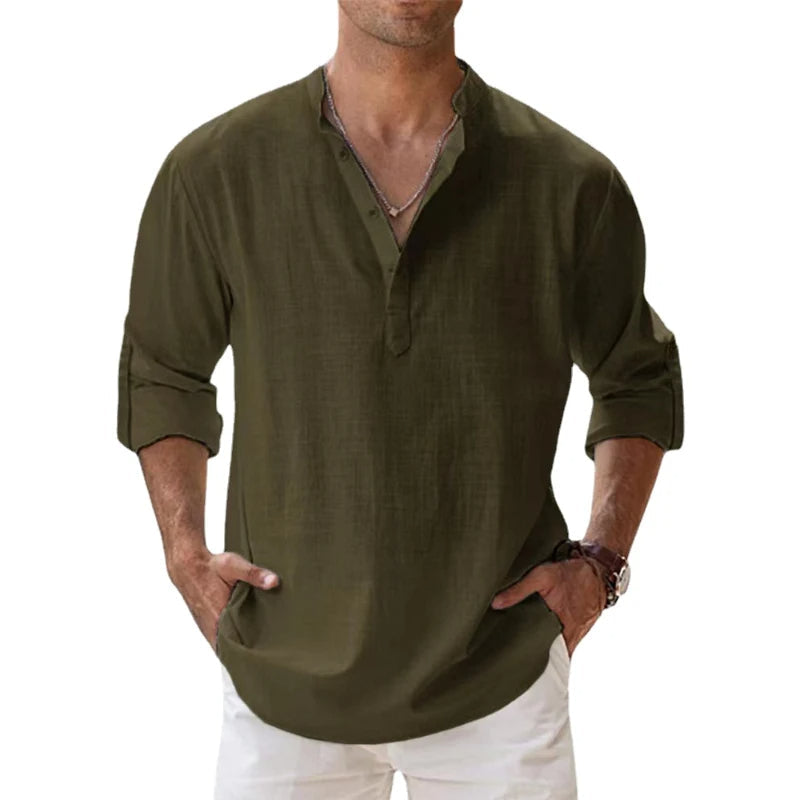 Men's Relaxed Fit Linen Henley Shirt for Summer Wear