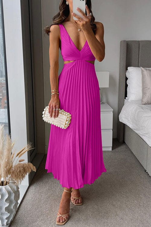 Women's Pleated Satin Midi Evening Dress Elegant Formal Style