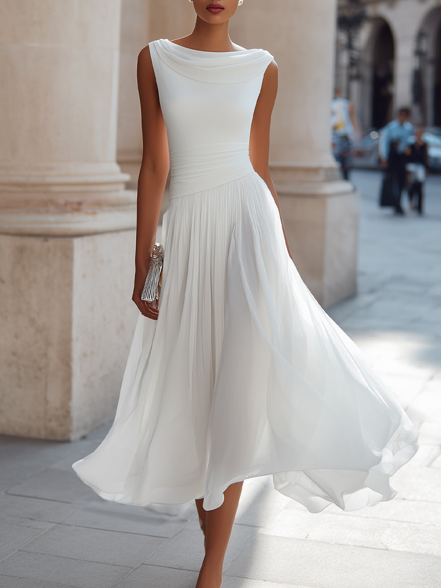 Women's Sleeveless Pleated Midi Dress Draped Neckline Contoured Waist Fluid