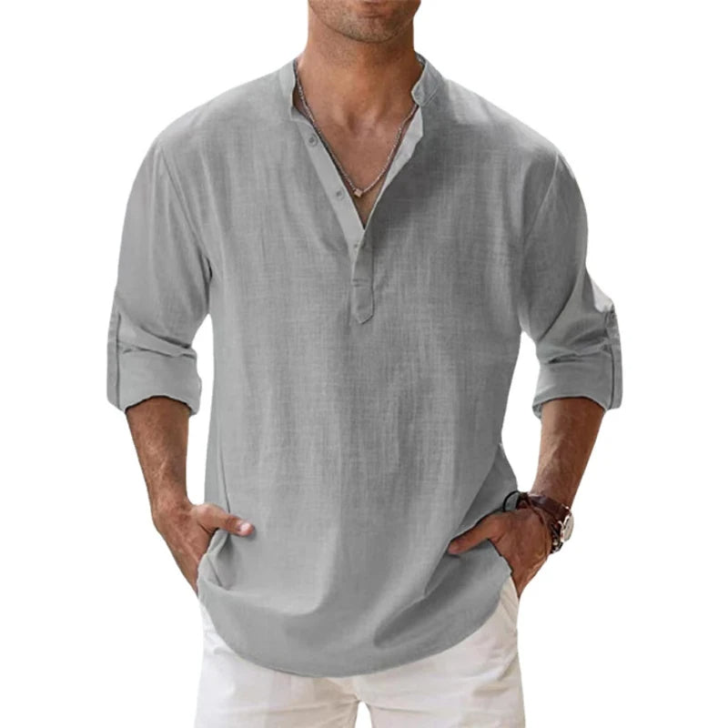 Men's Relaxed Fit Linen Henley Shirt for Summer Wear