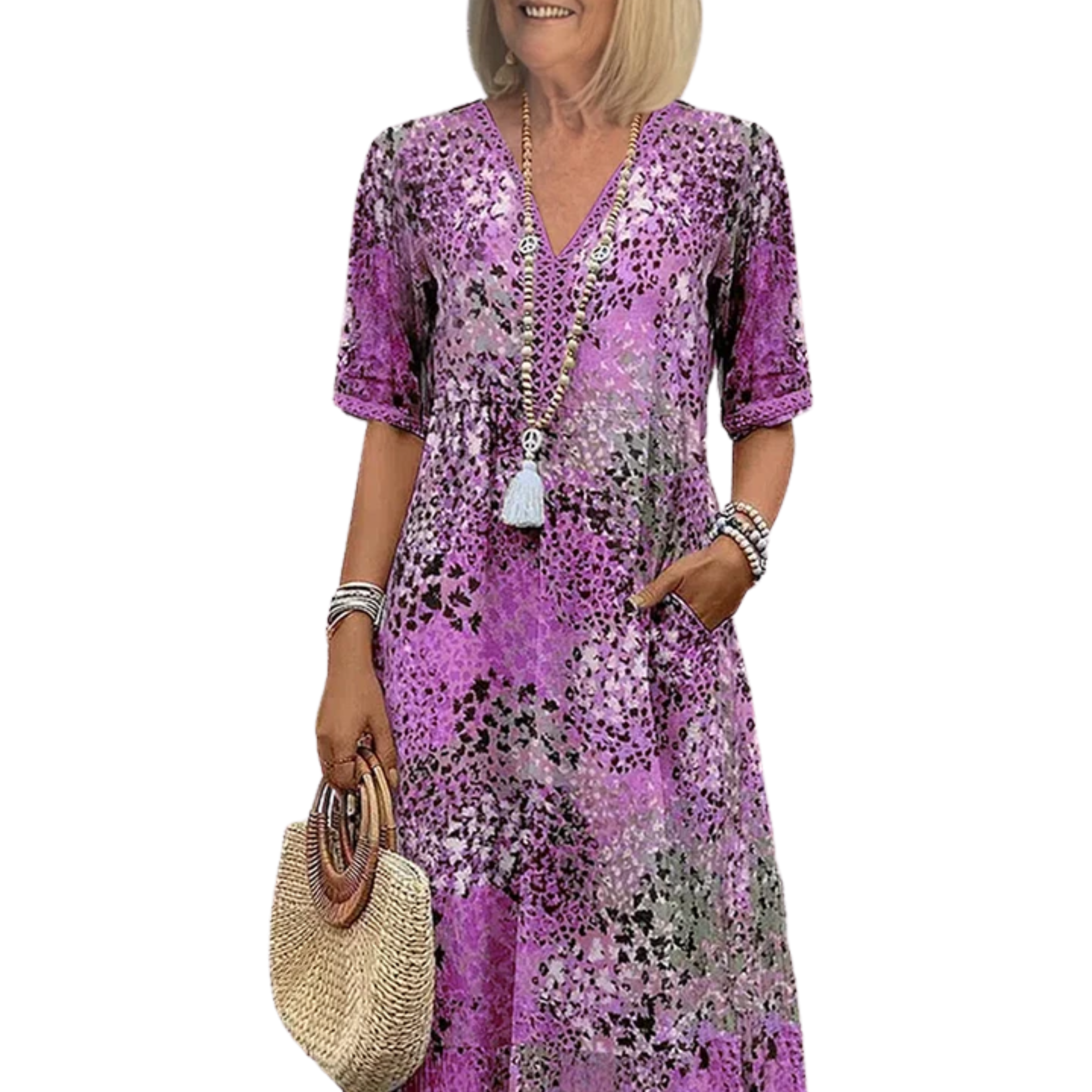 Women's Flared A-Line Midi Dress V-Neck Printed Pockets Casual