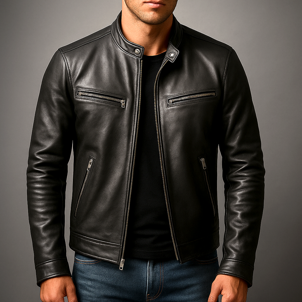 Men's Vintage Leather Jacket Genuine Cotton Lined Classic Zippered