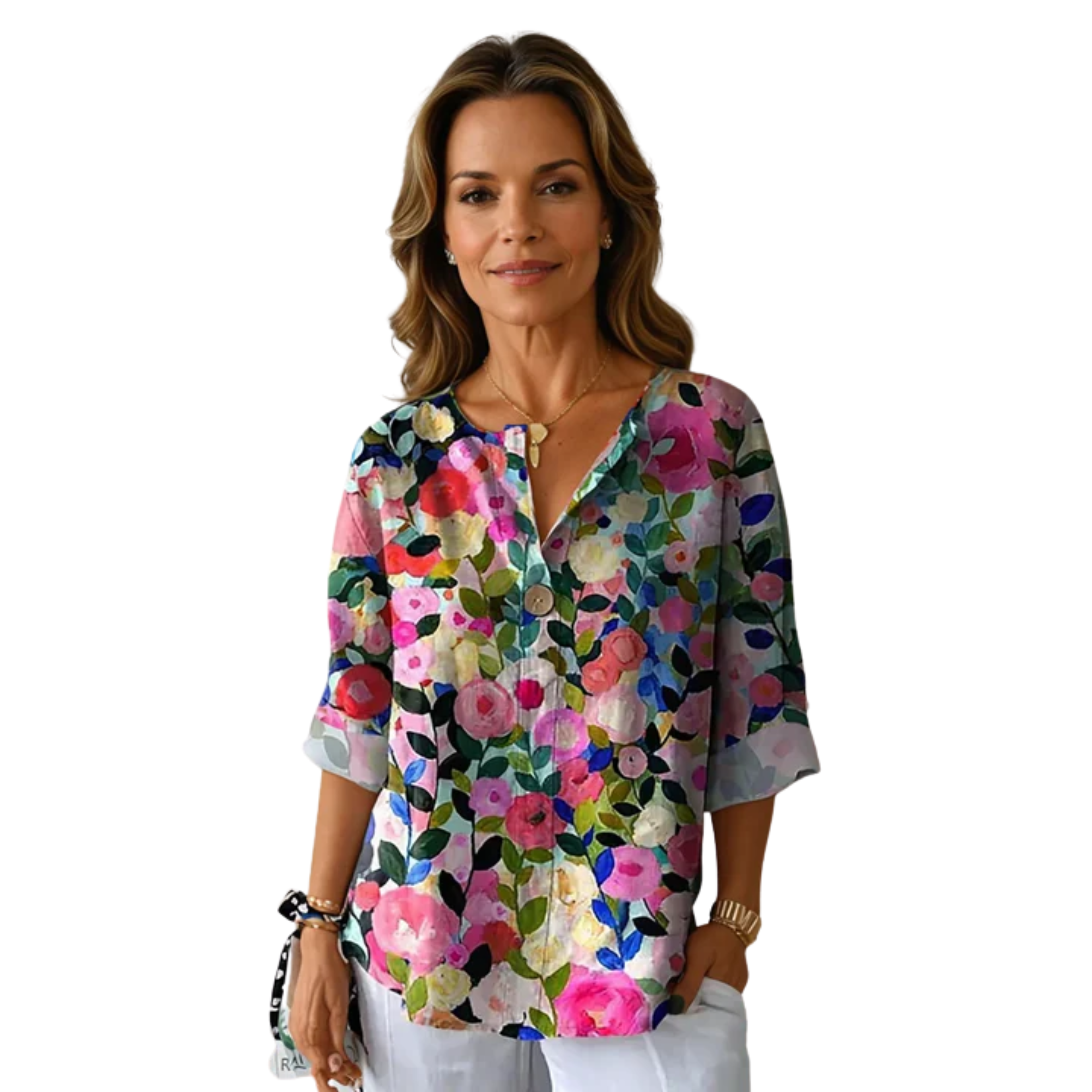 Women's Floral Print Blouse Three Quarter Sleeve Button Front Loose