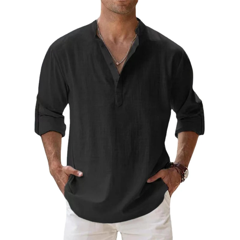 Men's Relaxed Fit Linen Henley Shirt for Summer Wear