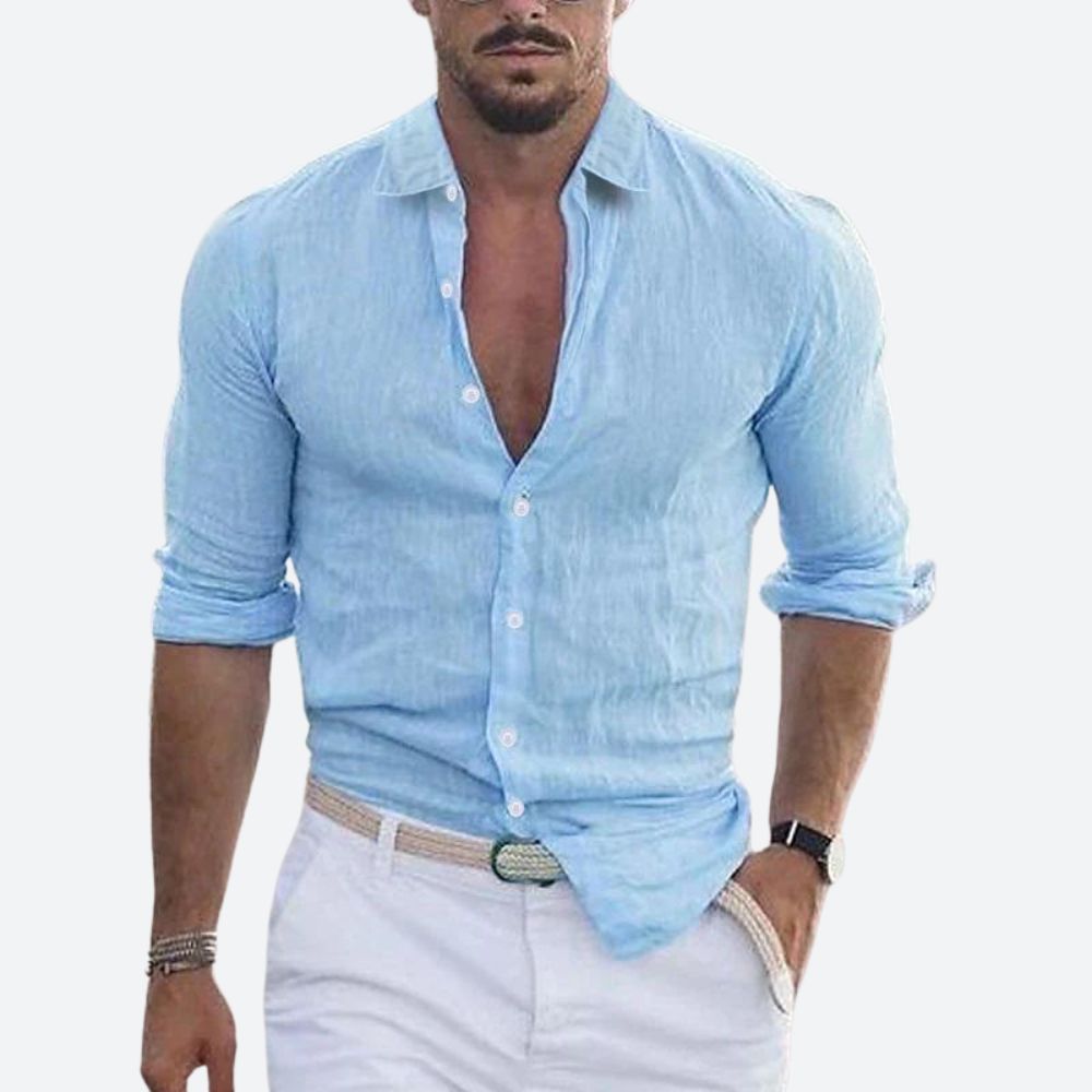 Men's Slim Fit Open Collar Linen Shirt Summer Style