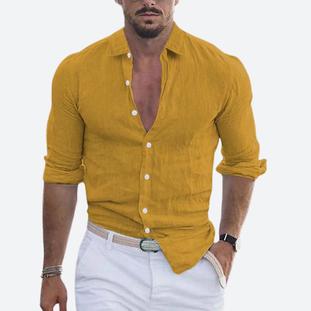 Men's Slim Fit Open Collar Linen Shirt Summer Style