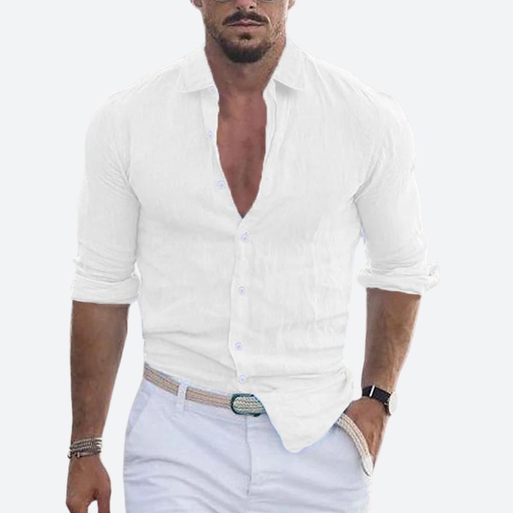 Men's Slim Fit Open Collar Linen Shirt Summer Style
