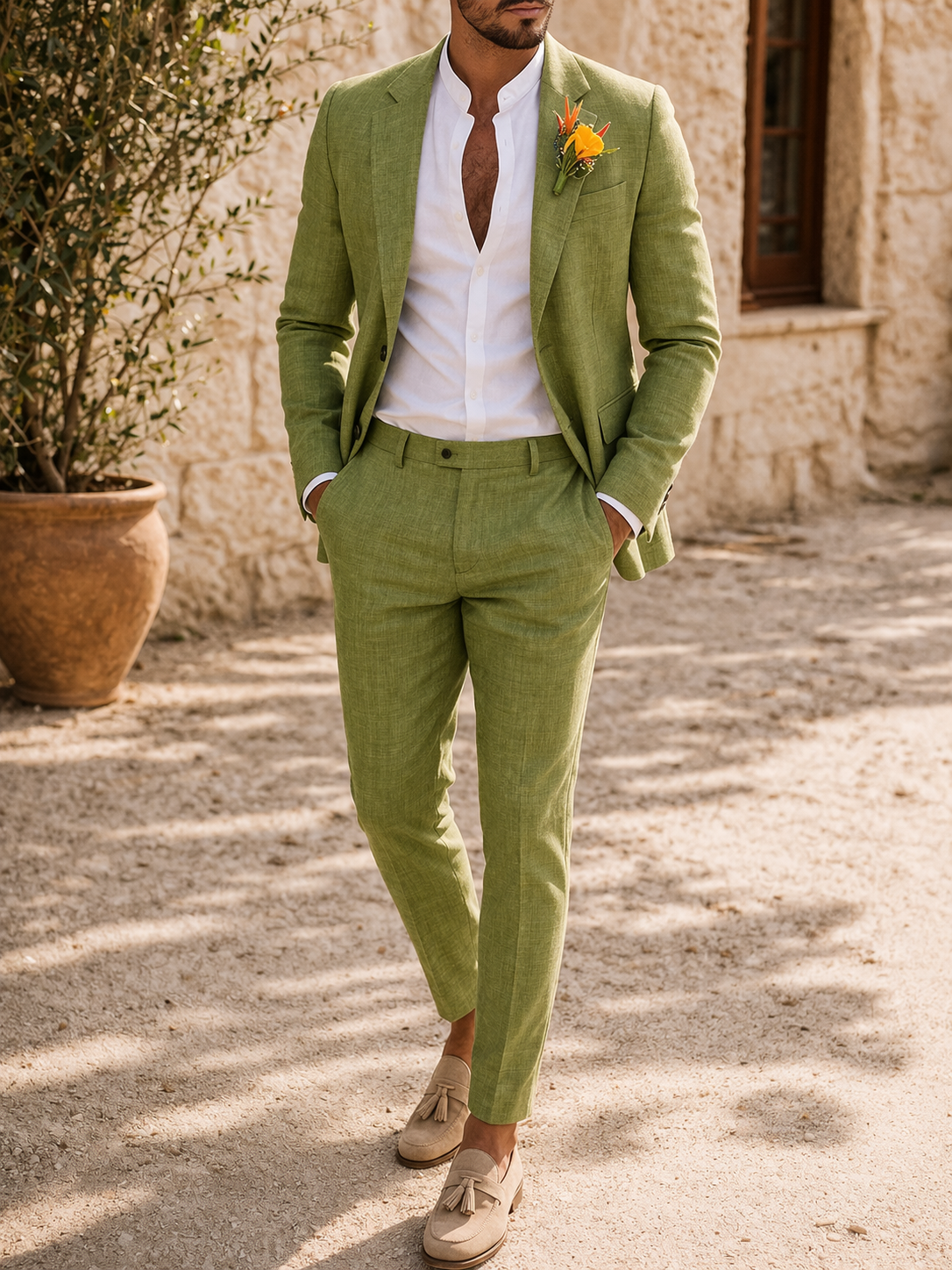 Men's Linen Two-Piece Wedding Suit Tailored Blazer & Trousers