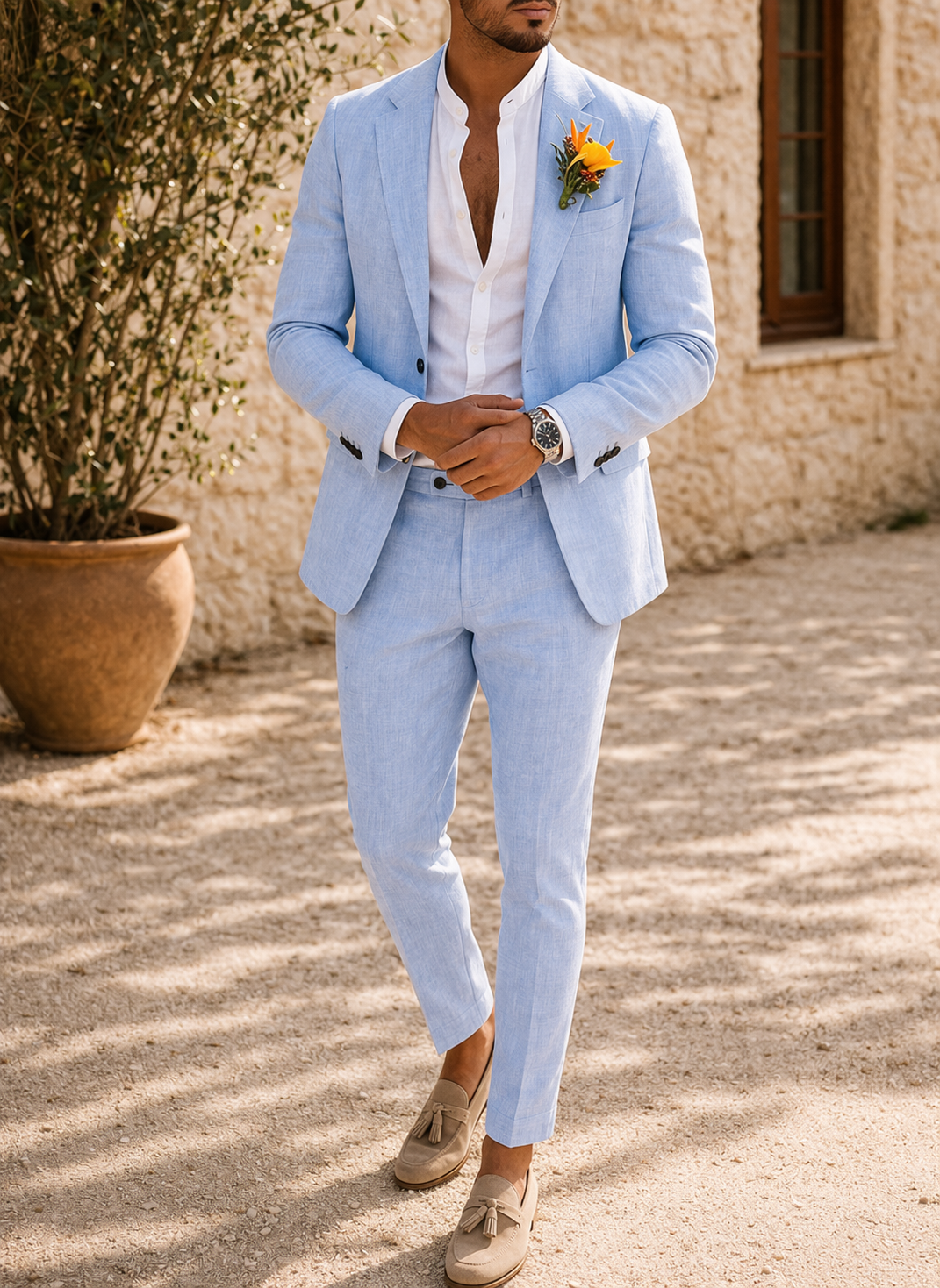Men's Linen Two-Piece Wedding Suit Tailored Blazer & Trousers
