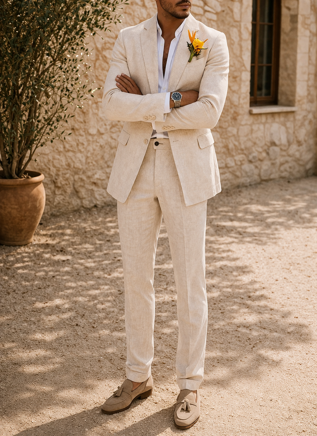 Men's Linen Two-Piece Wedding Suit Tailored Blazer & Trousers