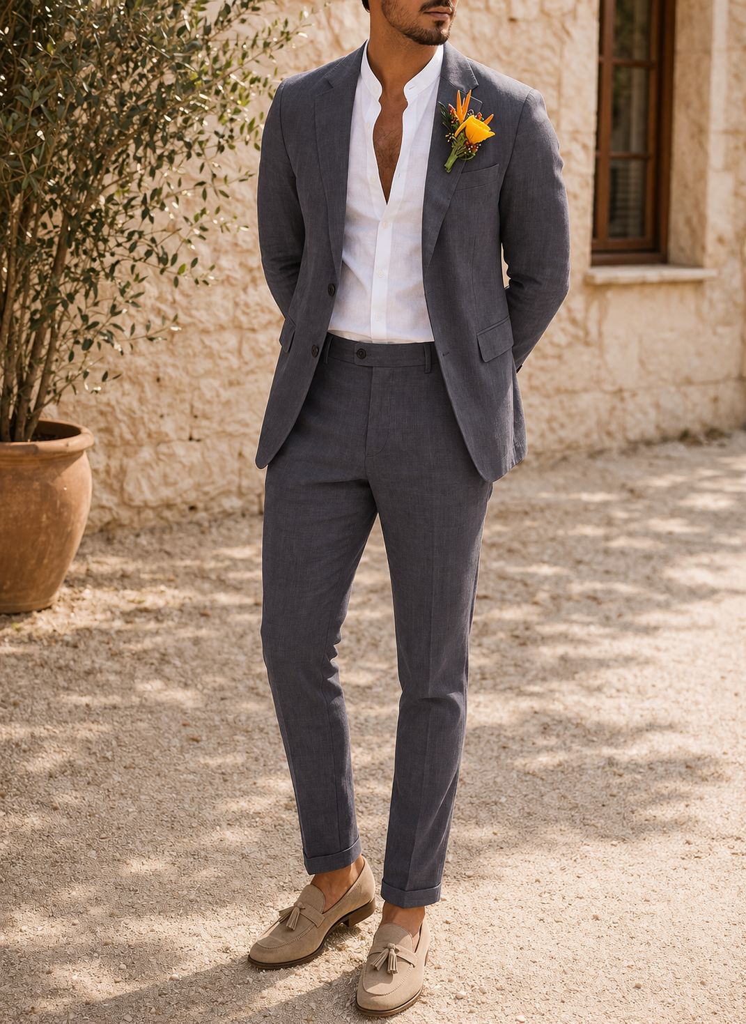 Men's Linen Two-Piece Wedding Suit Tailored Blazer & Trousers