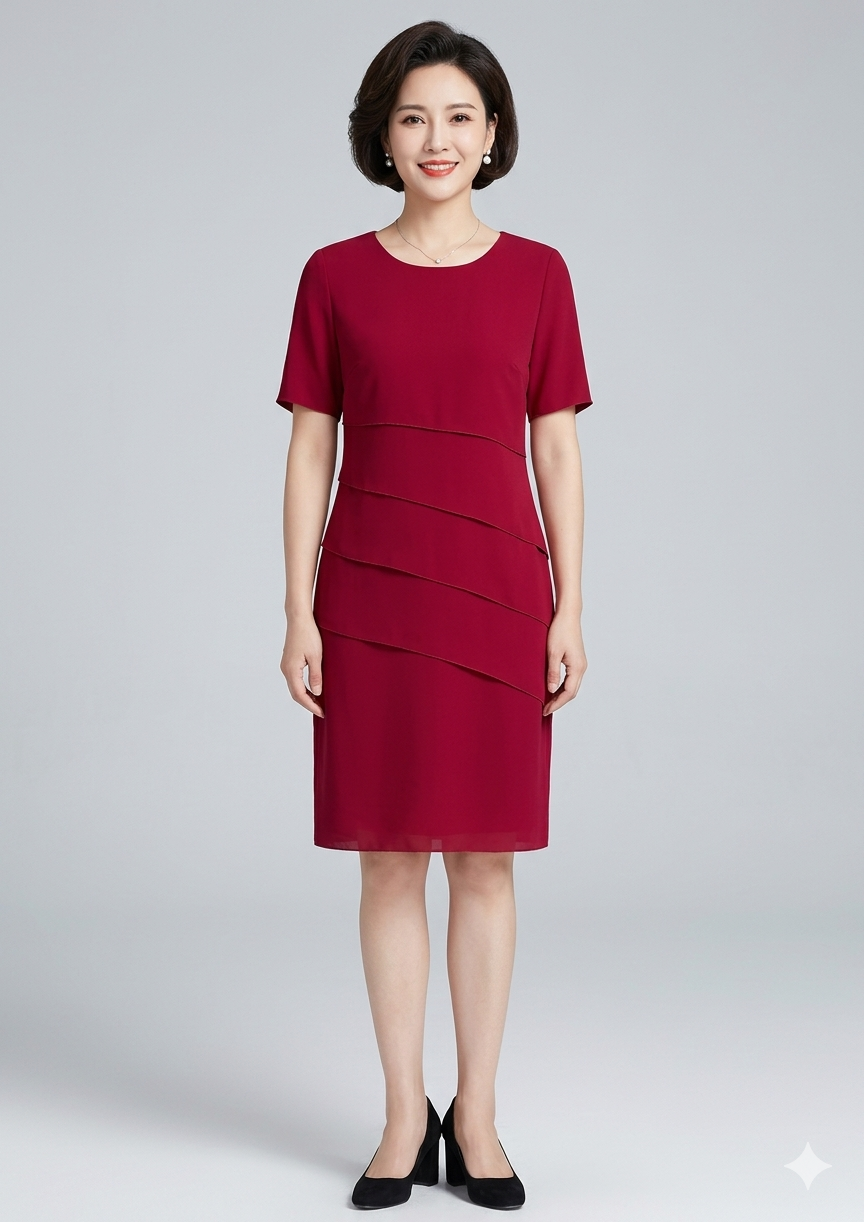 Women's Chiffon Evening Dress with Layered Short Sleeve Detail
