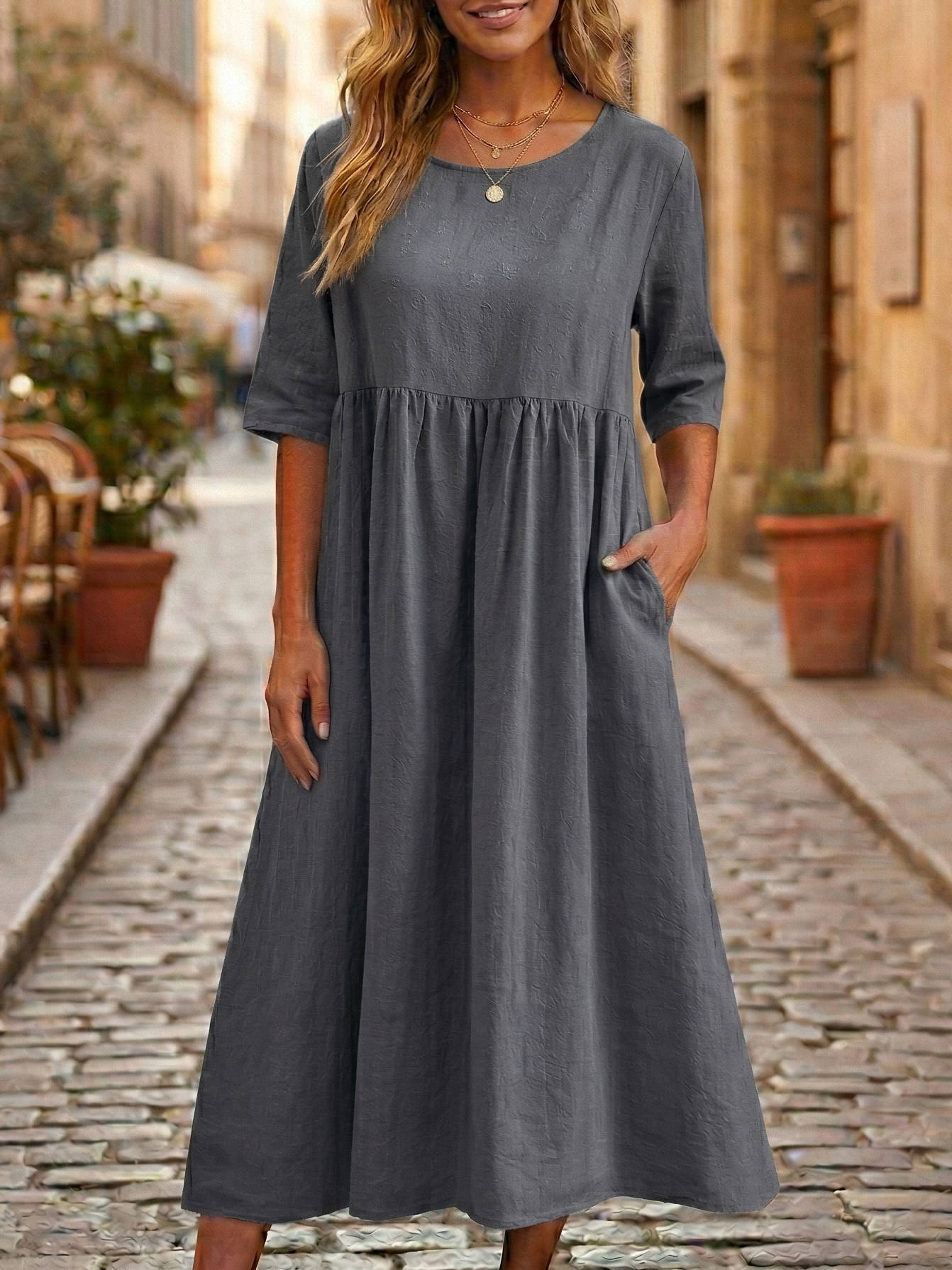 Women's 100% Linen A-Line Midi Dress Empire Waist Three Quarter Sleeve