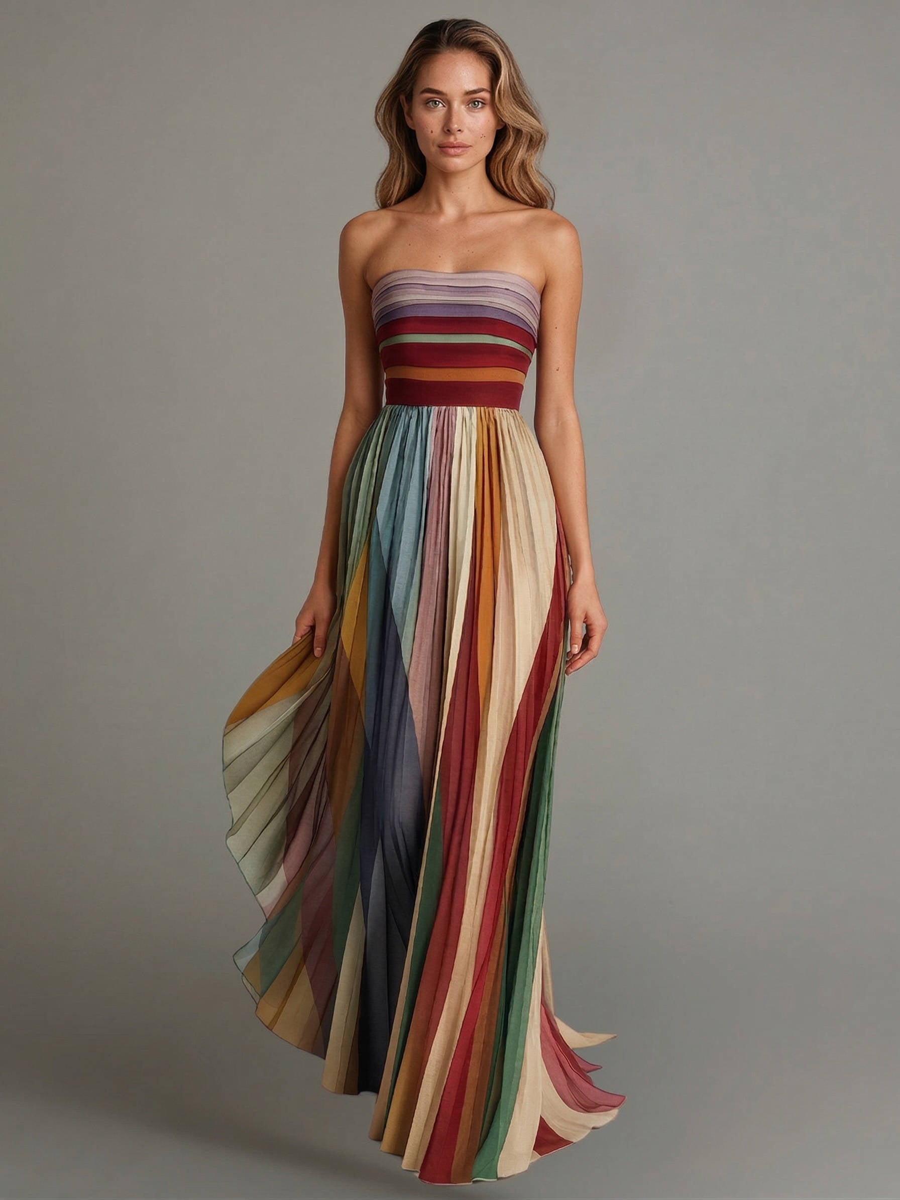 Women's Strapless Pleated Chiffon Maxi Holiday Dress