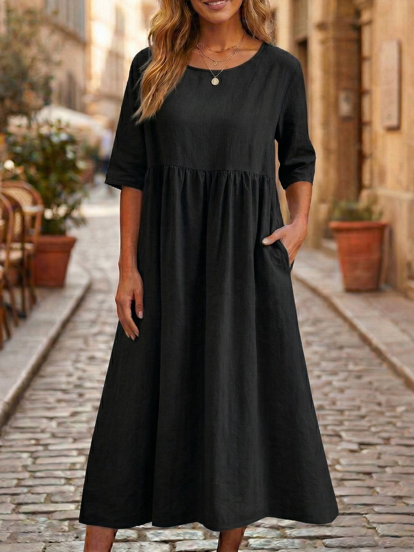 Women's 100% Linen A-Line Midi Dress Empire Waist Three Quarter Sleeve