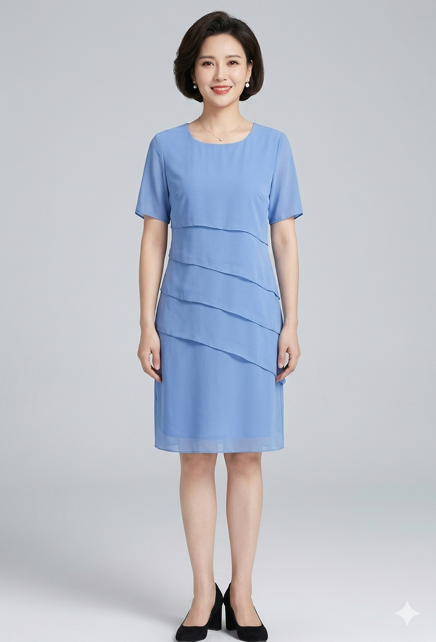Women's Chiffon Evening Dress with Layered Short Sleeve Detail