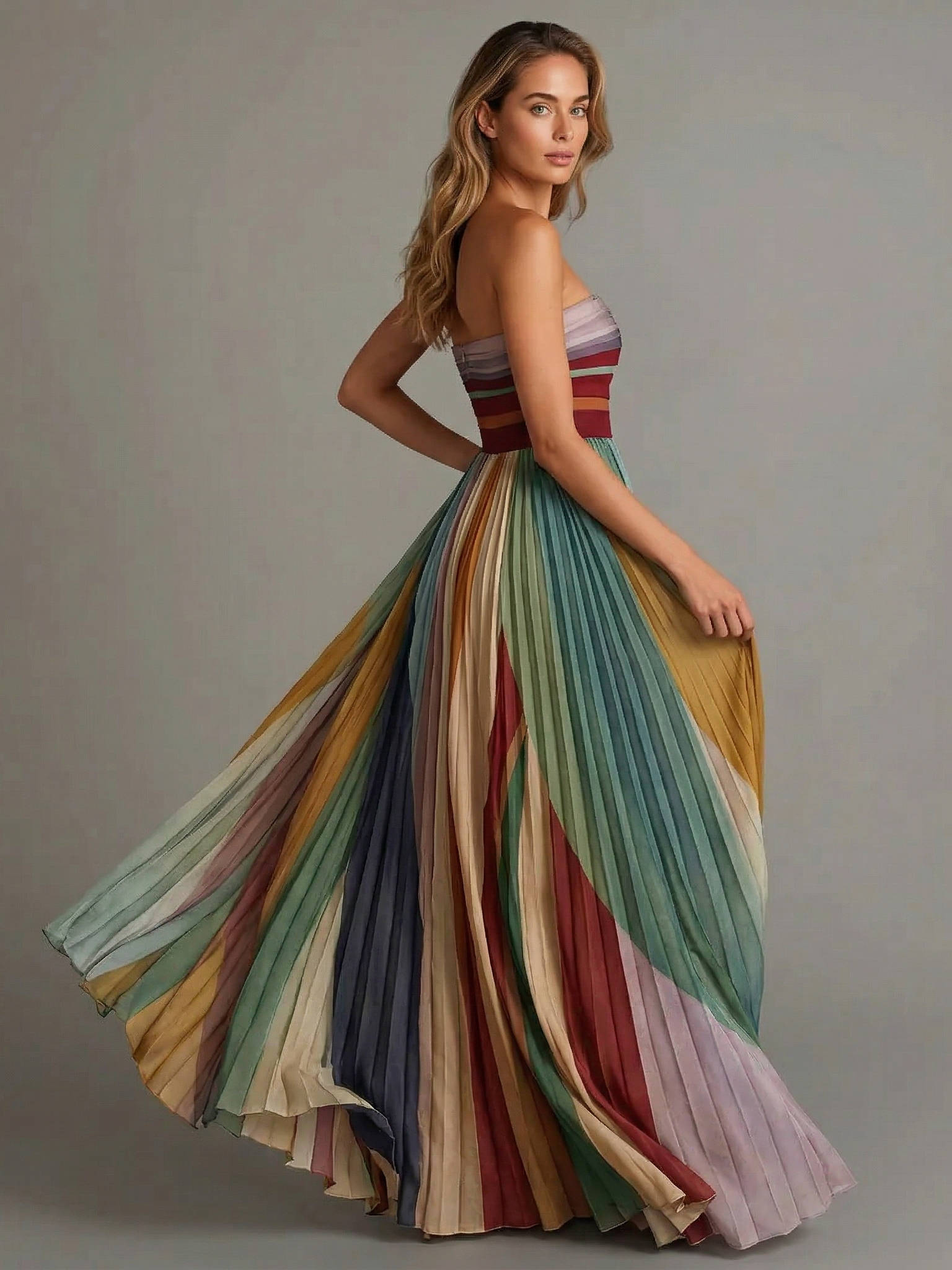 Women's Strapless Pleated Chiffon Maxi Holiday Dress