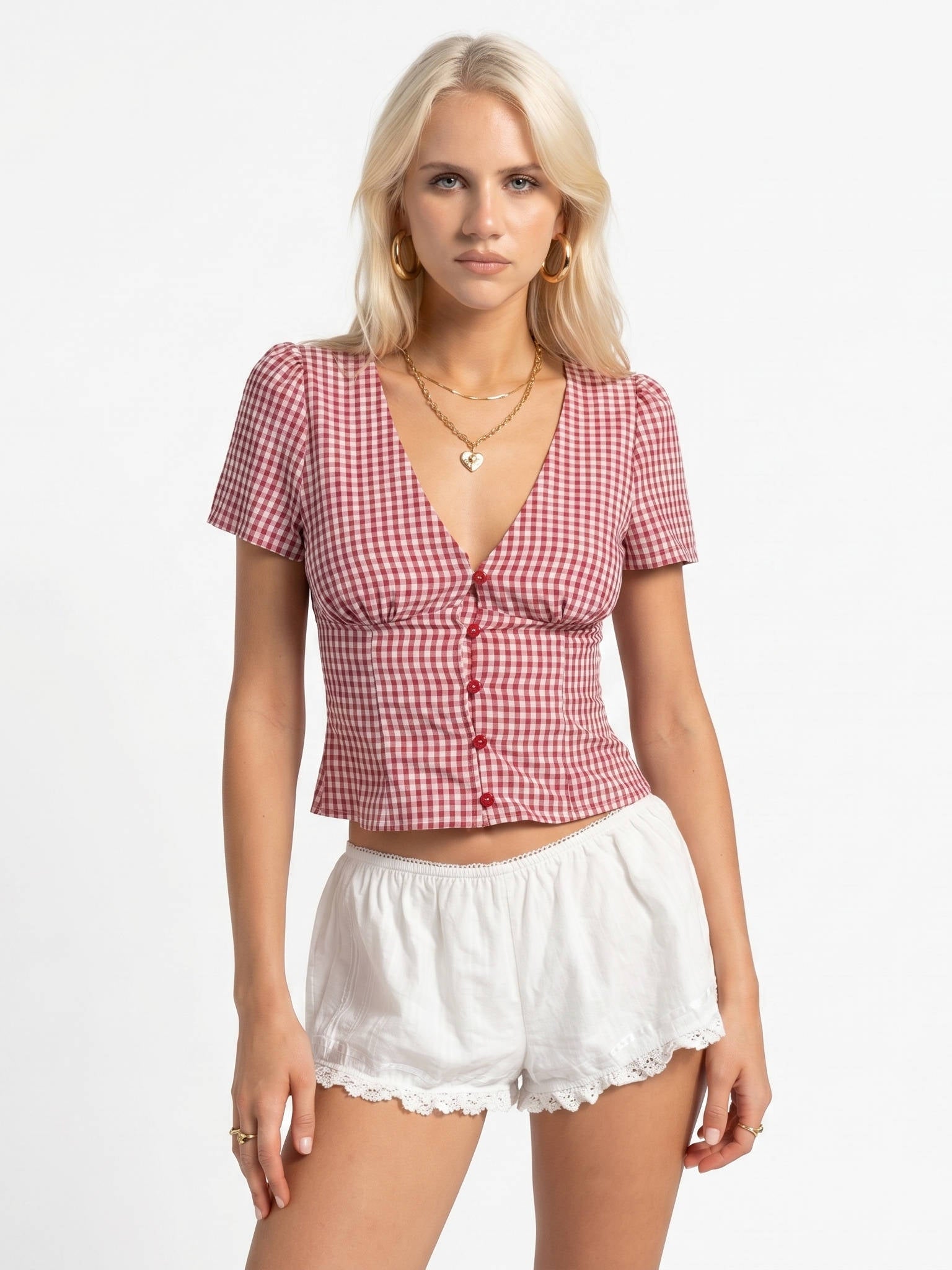 Women's Gingham Crop Summer Blouse V-Neck Puff Sleeve Ruched Button