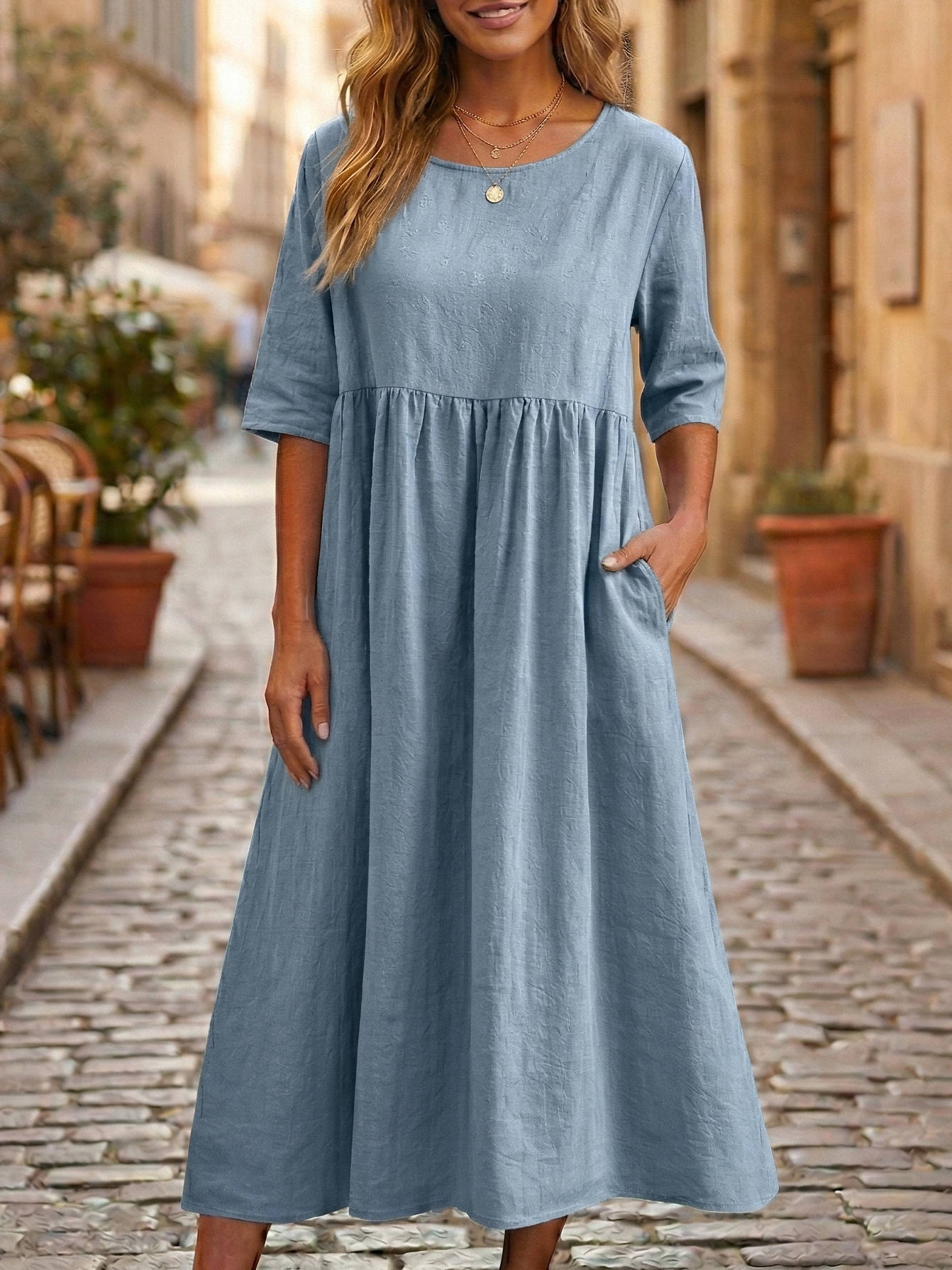 Women's 100% Linen A-Line Midi Dress Empire Waist Three Quarter Sleeve