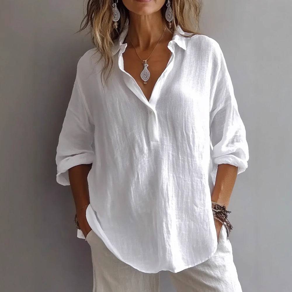 Women's Linen Shirt with Wide Sleeves and Button Placket