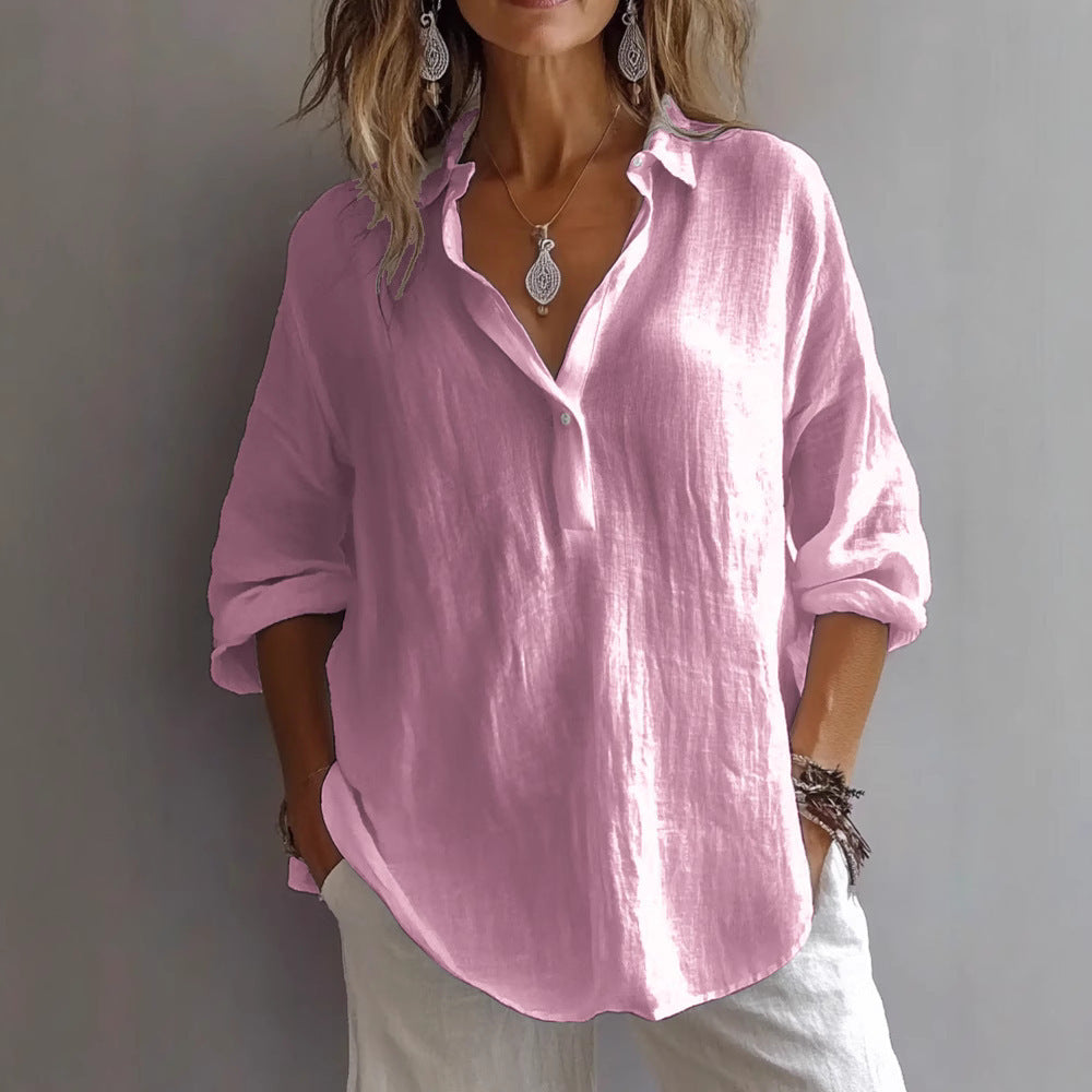 Women's Linen Shirt with Wide Sleeves and Button Placket