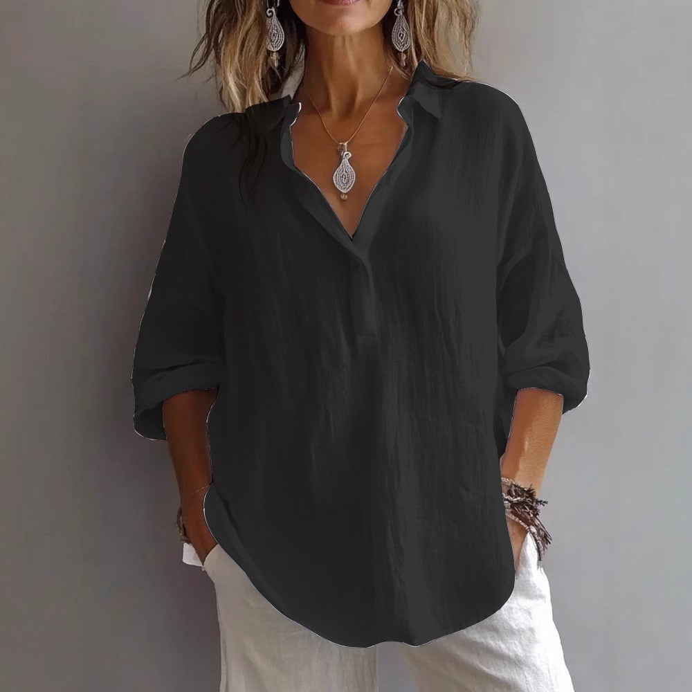 Women's Linen Shirt with Wide Sleeves and Button Placket