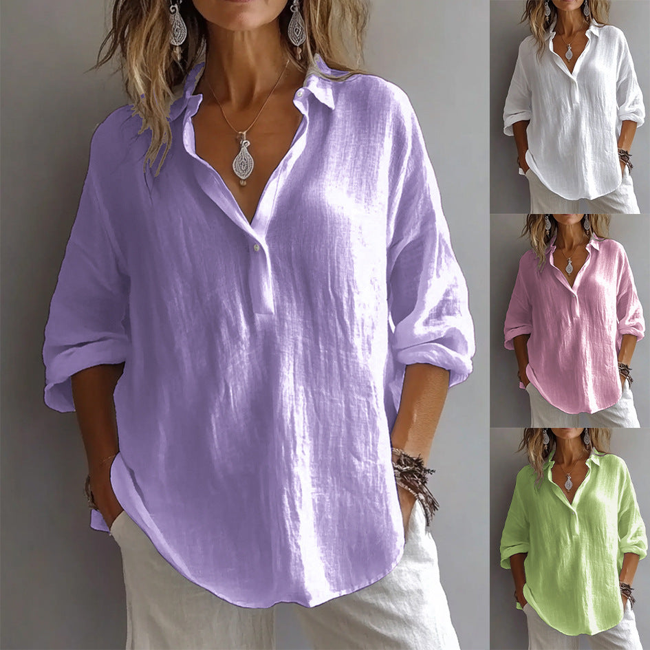 Women's Linen Shirt with Wide Sleeves and Button Placket