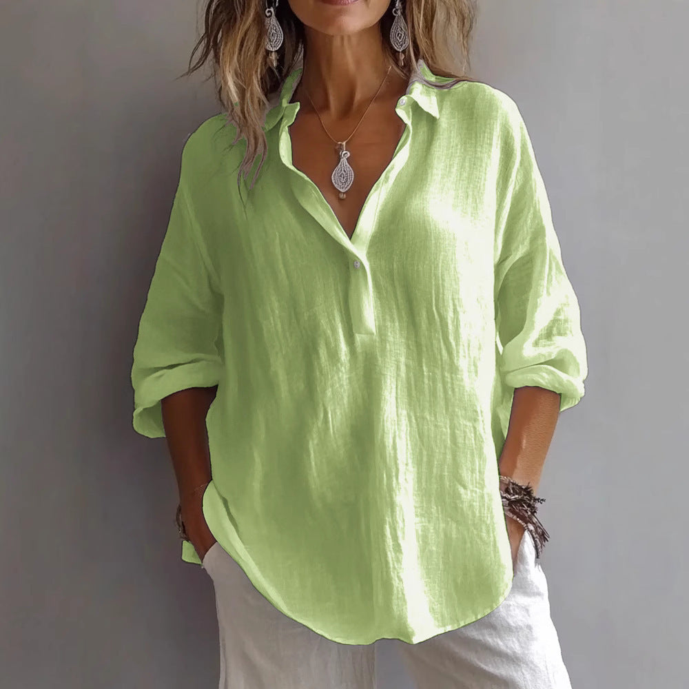 Women's Linen Shirt with Wide Sleeves and Button Placket