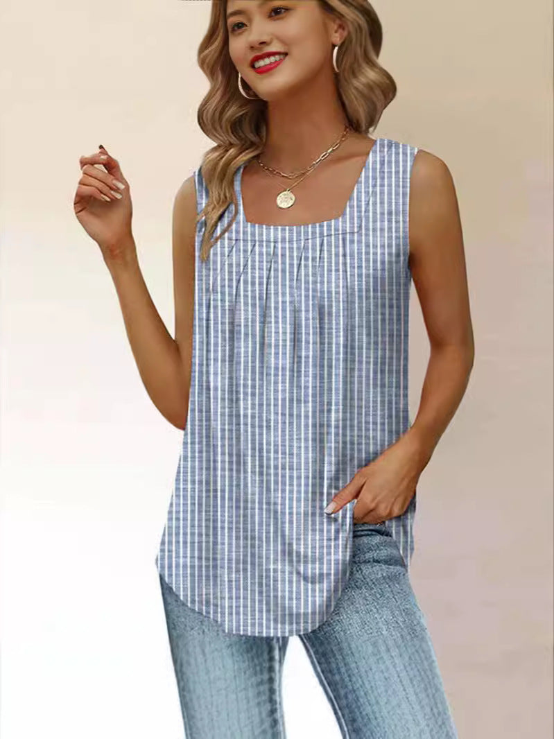 Women's Striped Pleated Tank Top with Square Neckline