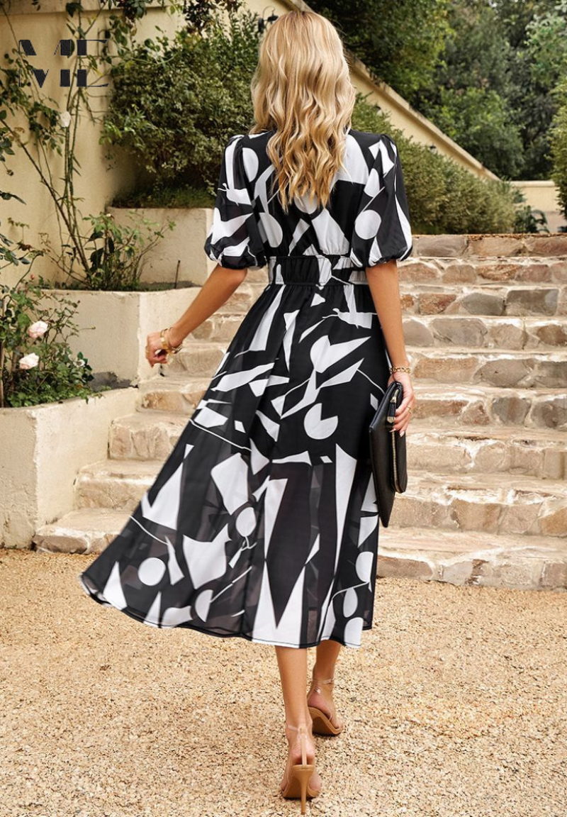 Women's Elegant Floral Midi Evening Dress with Puff Sleeves
