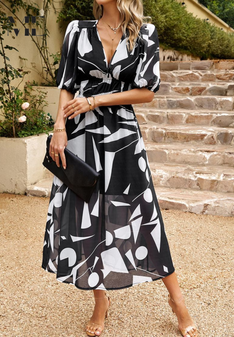 Women's Elegant Floral Midi Evening Dress with Puff Sleeves