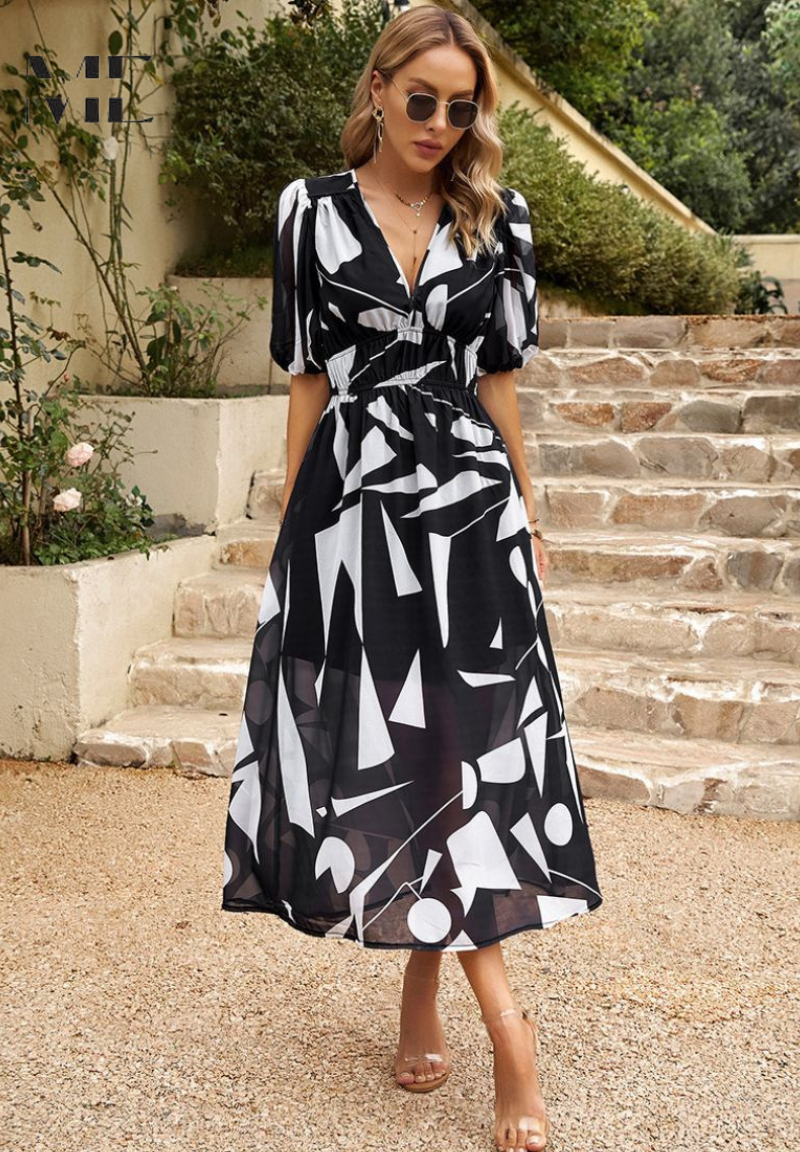 Women's Elegant Floral Midi Evening Dress with Puff Sleeves