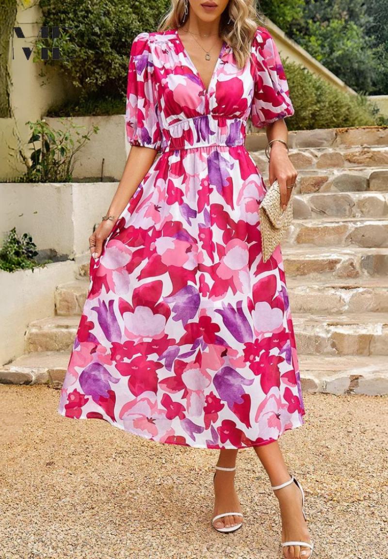 Women's Elegant Floral Midi Evening Dress with Puff Sleeves